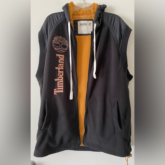 Timberland Other - Timberland Men’s Size Large Black/Tan Hooded Vest Pockets Missing Zipper Pull